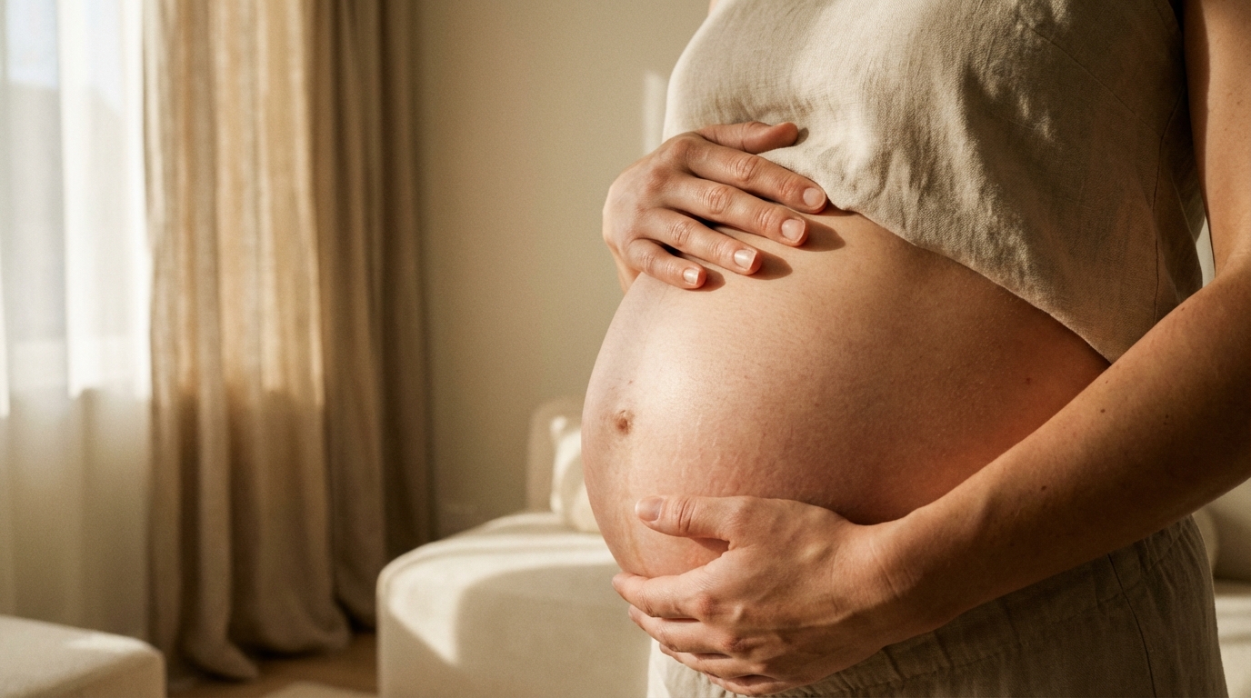 Gros plan artistique d'un ventre de femme enceinte sous une lumière dorée naturelle, illustrant la sensibilité de la peau.