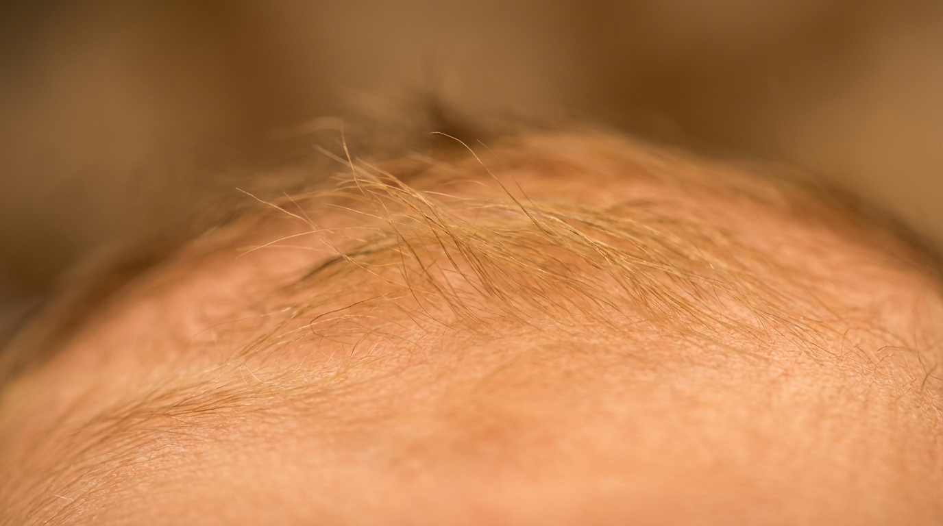 Photographie macro détaillée des cheveux fins d'un nouveau-né, style documentaire professionnel.