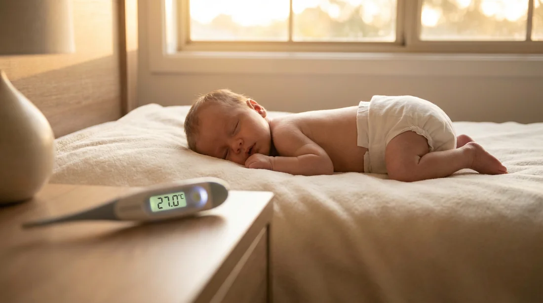 Bébé qui dort paisiblement en couche par une température de 27 degrés avec un thermomètre visible.