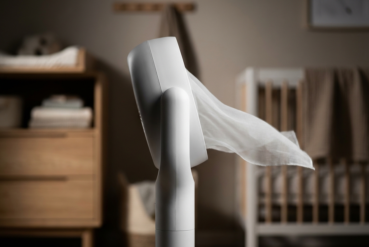27 degrés dans la chambre de bébé : conseils et solutions Gros plan sur un ventilateur moderne rafraîchissant une chambre d'enfant.