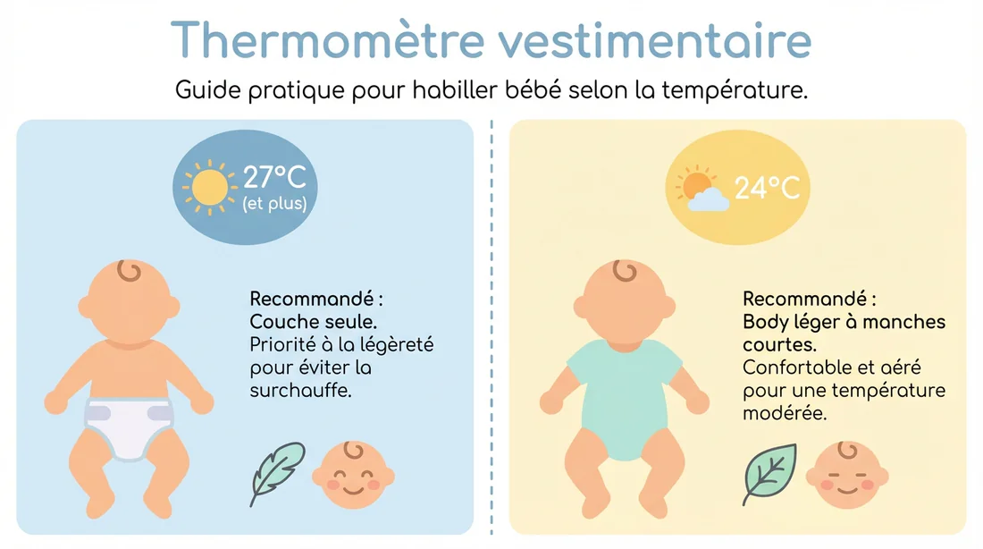 Infographie thermomètre vestimentaire pour bébé : tenue adaptée à 27°C et 24°C.