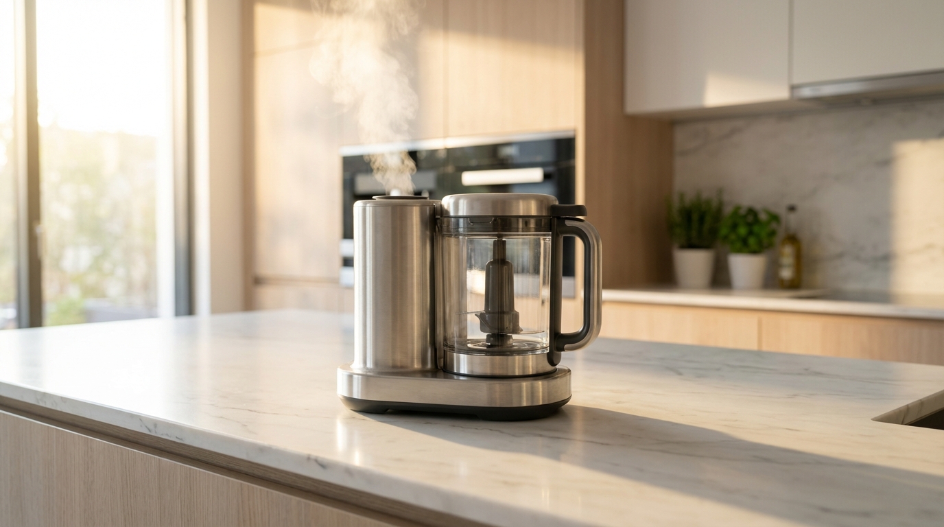 Un robot cuiseur pour bébé élégant sur un plan de travail en marbre dans une cuisine lumineuse