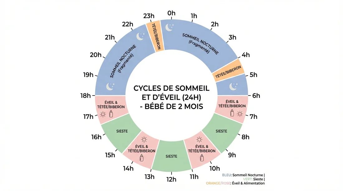 Journée type sommeil bébé 2 mois Infographie du cycle de sommeil et d'éveil sur 24h pour un bébé de 2 mois.