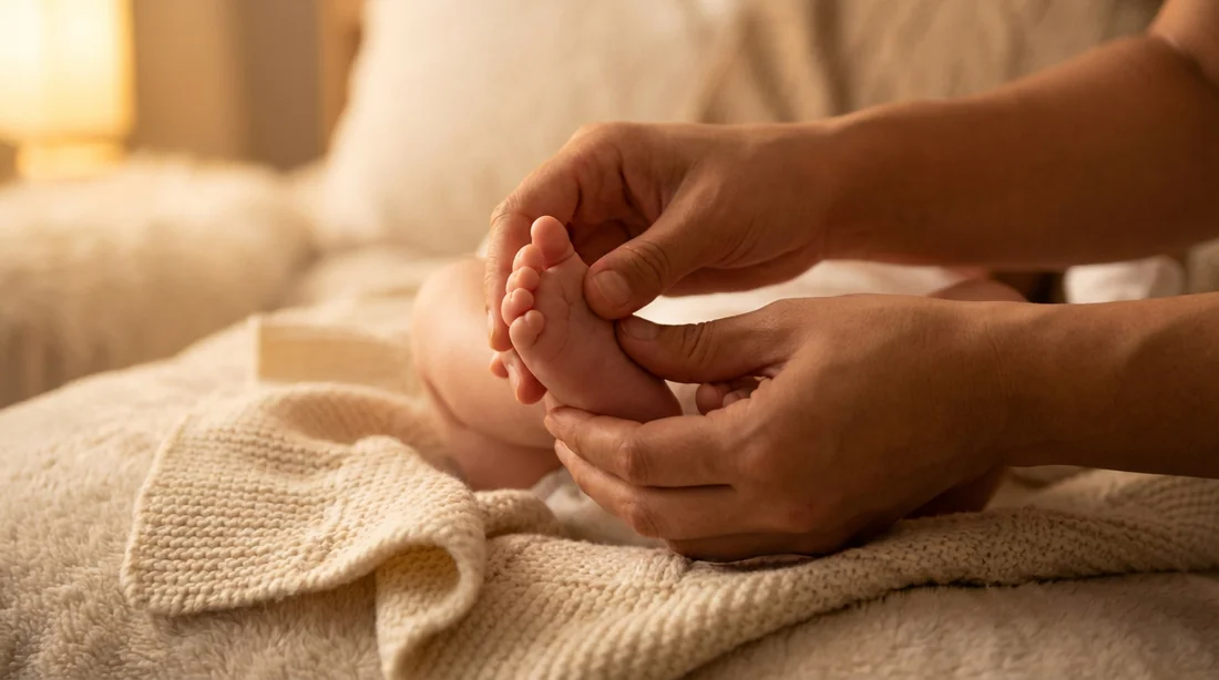 Rituel du coucher bébé 2 mois Massage des pieds d'un bébé lors du rituel d'apaisement du soir.