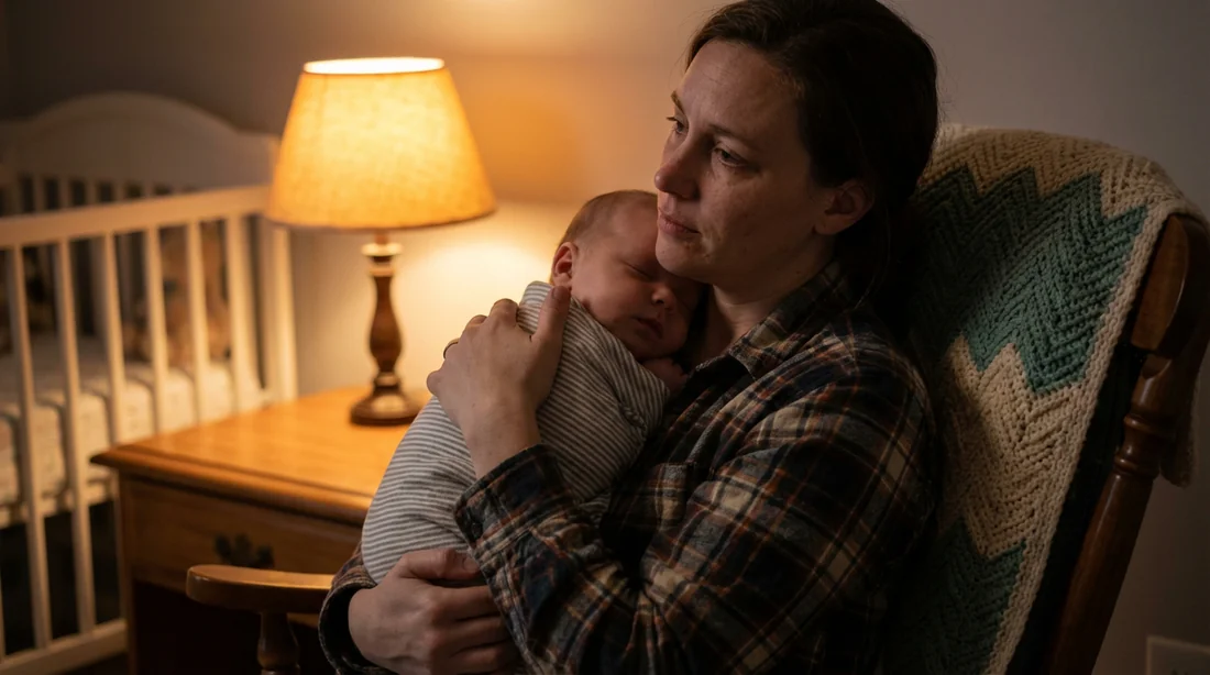 Bébé de 2 mois ne s'endort pas avant minuit Parent berçant doucement un bébé de 2 mois dans la pénombre pour l'aider à s'endormir.