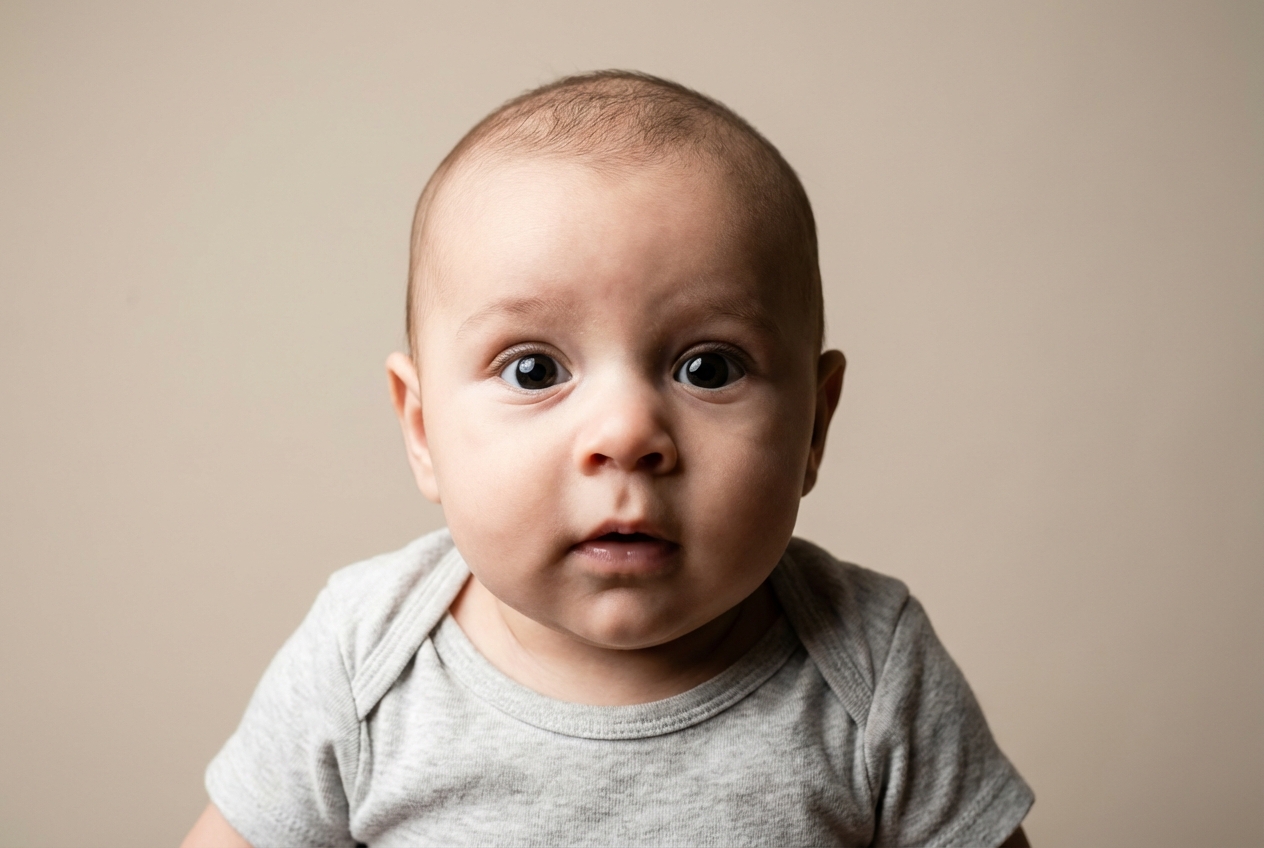 Bébé 2 mois ne s'endort pas avant minuit : que faire ? Portrait en gros plan d'un nouveau-né aux yeux grands ouverts.