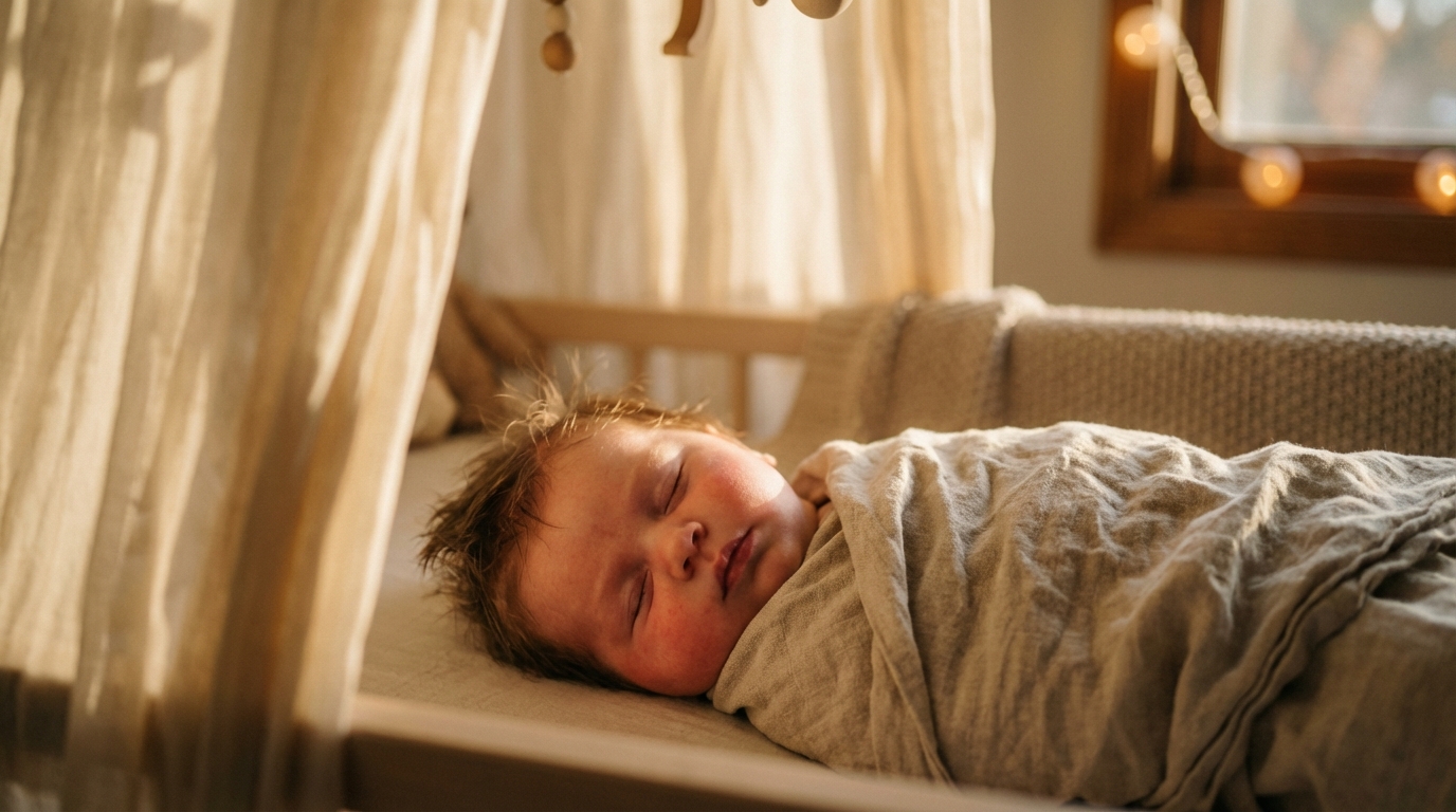 Un bébé endormi paisiblement dans une chambre baignée de lumière naturelle, illustrant la fatigue après une journée active.