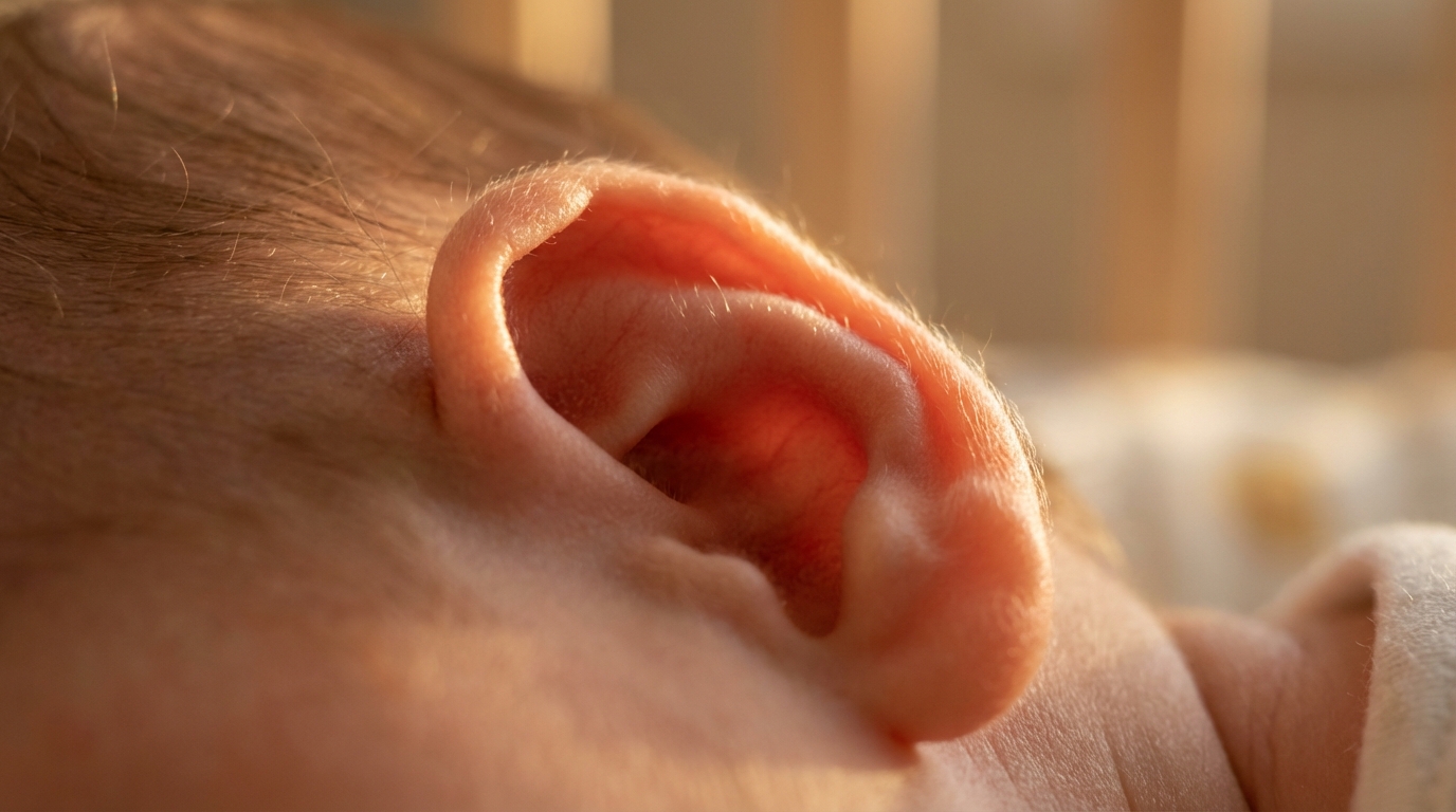 Photographie macro montrant les détails et la texture délicate de l'oreille d'un nourrisson