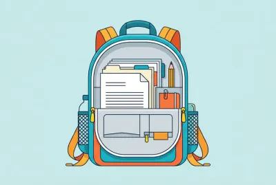 Cartable ouvert avec fournitures et documents administratifs