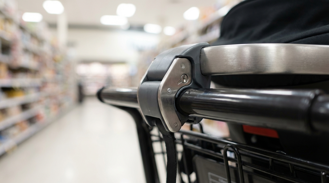Détail de la stabilité d'un siège auto posé sur la barre d'un chariot de course.