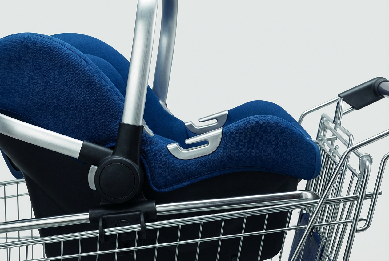 Gros plan d'un cosy bébé coloré fixé sur la structure métallique d'un caddie.