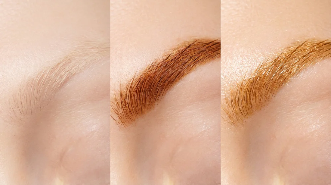 Collage montrant différentes nuances de sourcils pour les cheveux roux : blond clair, auburn et roux doré.