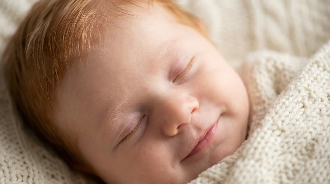 Gros plan d'un bébé roux souriant avec des sourcils blonds très clairs sous une lumière naturelle.