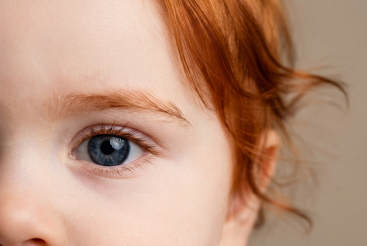Gros plan iconique sur le sourcil et l'œil d'un nourrisson aux cheveux roux.