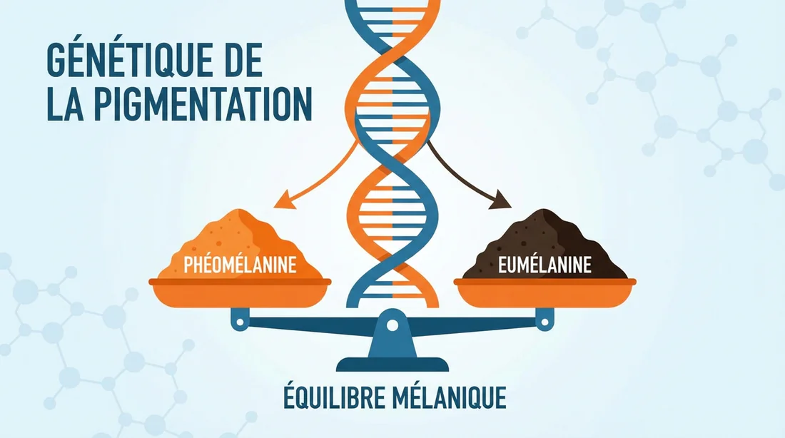Infographie expliquant le rôle du gène MC1R et la balance entre phéomélanine et eumélanine.