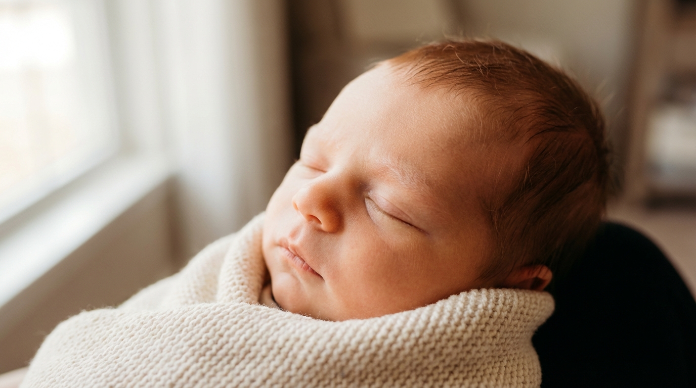 Portrait artistique d'un nouveau-né roux aux sourcils très clairs sous une lumière douce naturelle.