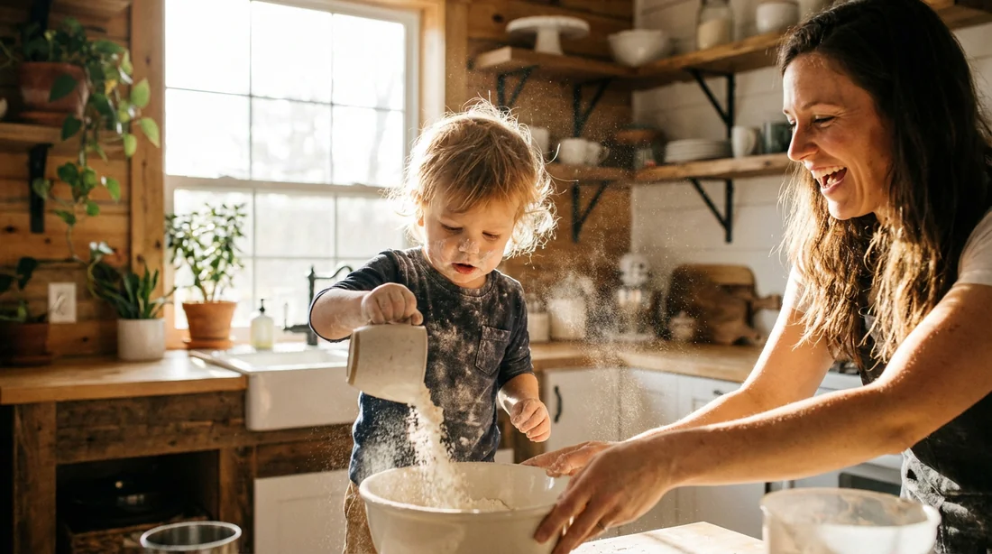 Enfant de 2 ans faisant de la pâtisserie avec sa maman pour remplacer la télévision