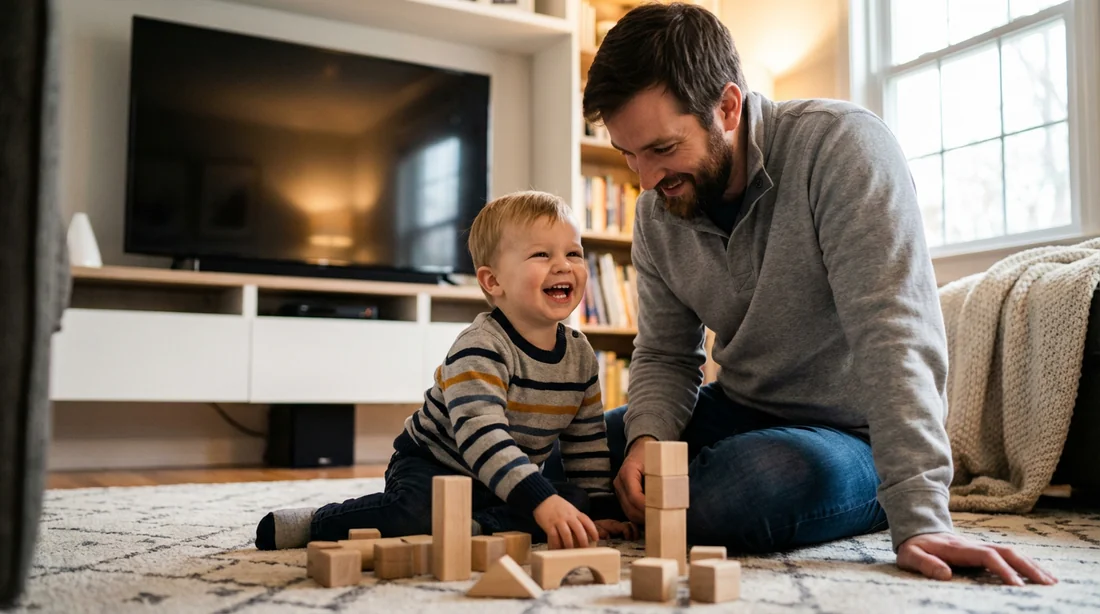Enfant de 2 ans jouant avec des cubes en bois avec son parent devant une télévision éteinte