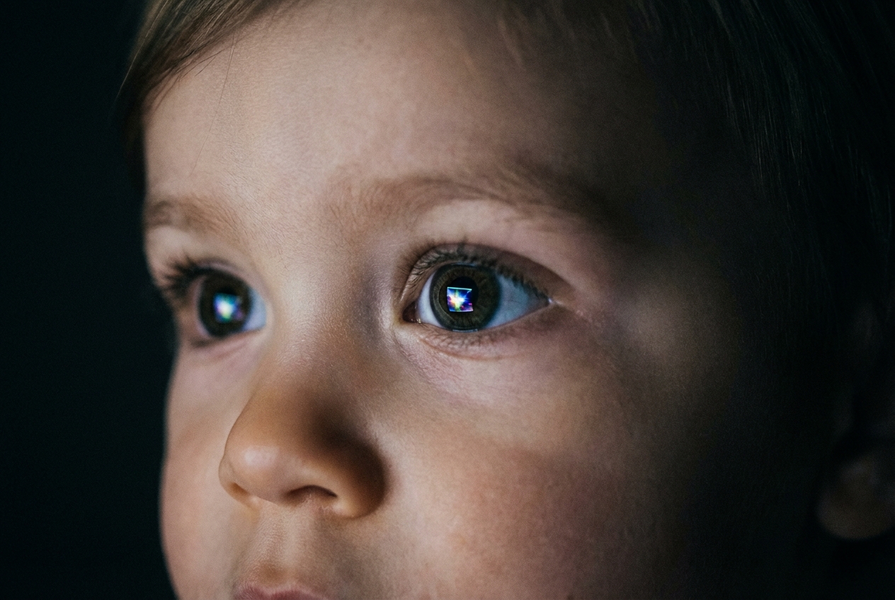Mon fils de 2 ans regarde trop la télé : que faire ? Gros plan du visage d'un jeune enfant reflétant la lumière bleue d'un écran.