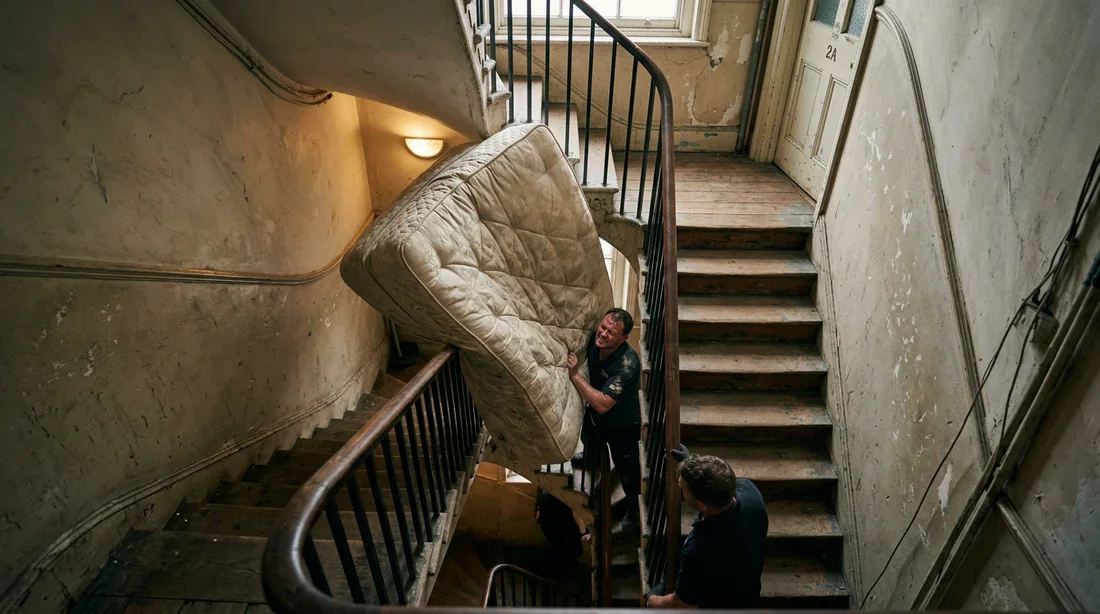 Difficulté de transporter un matelas dans un escalier étroit