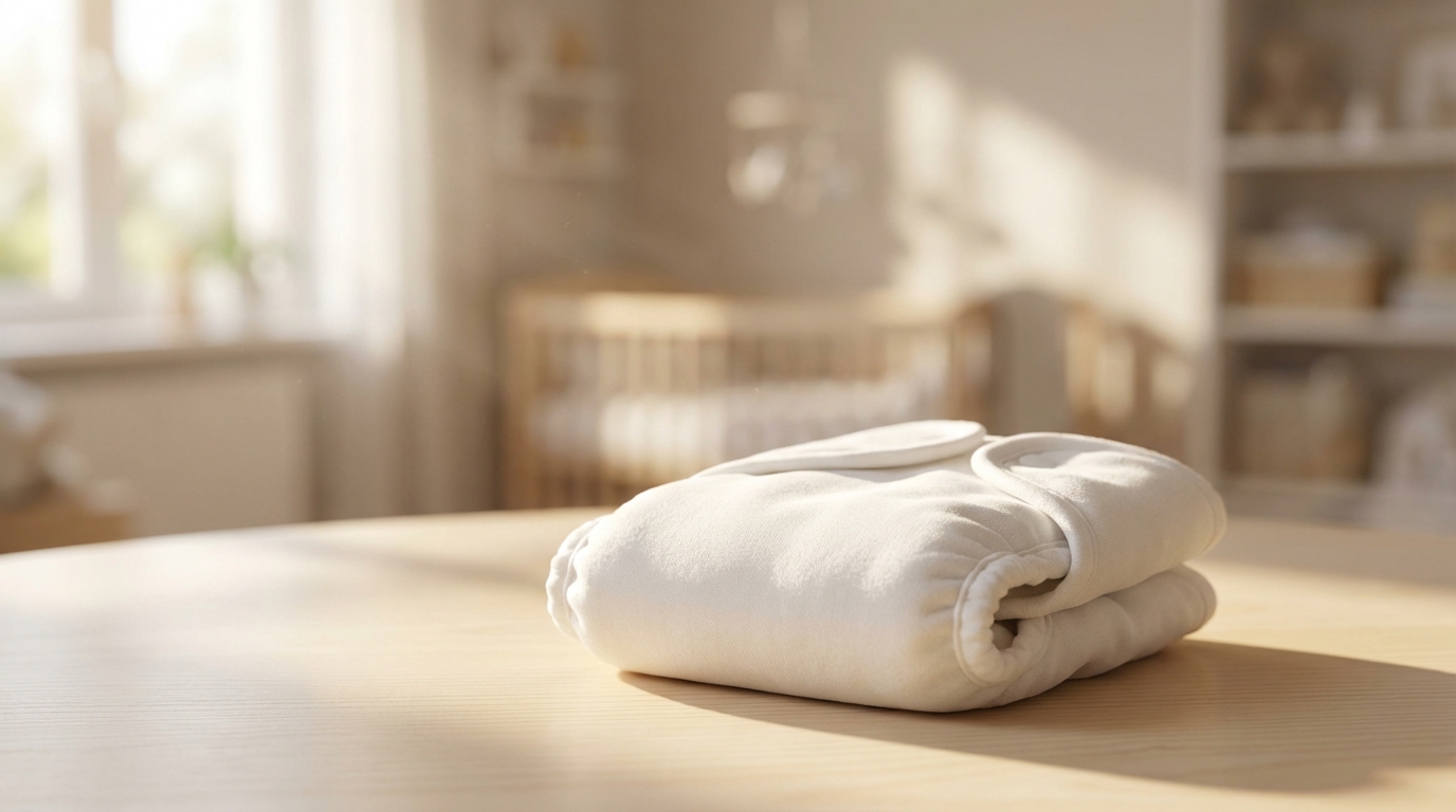 Couche bébé pliée style éditorial Gros plan cinématographique d'une couche pour bébé pliée sur une surface en bois clair sous une lumière naturelle douce.