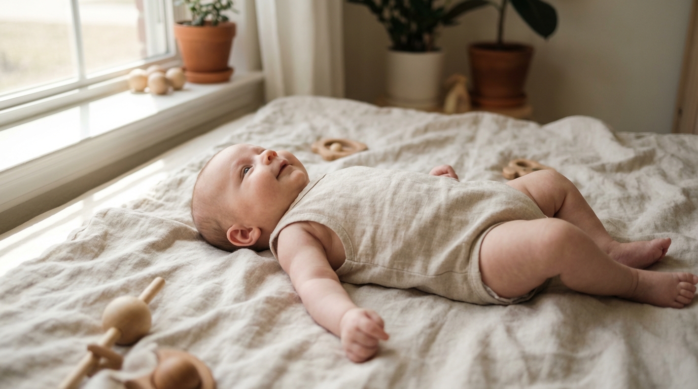 Bébé serein et confortable Bébé apaisé allongé sur le dos, illustrant le confort digestif du nourrisson allaité.