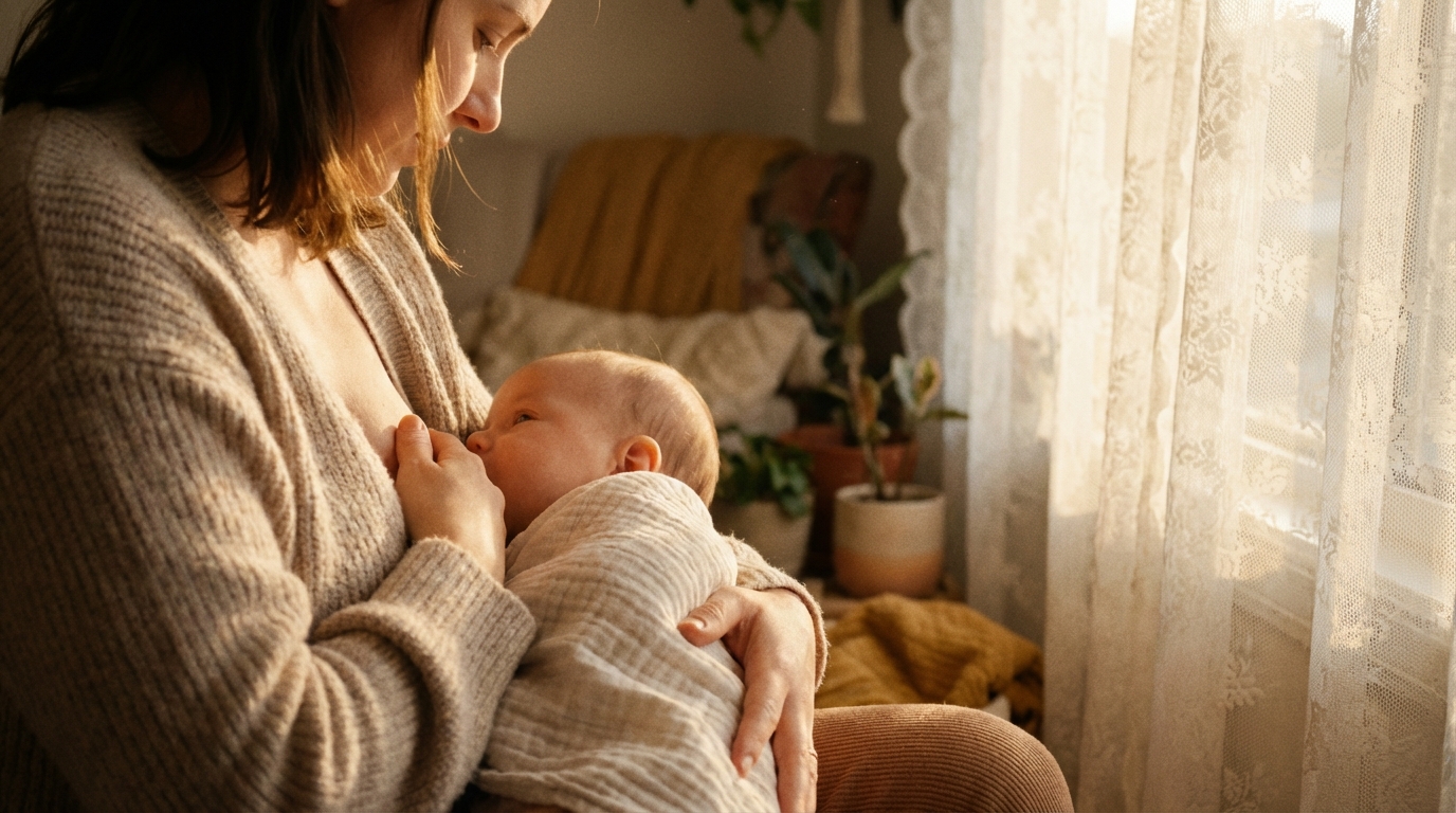 Allaitement et lien maternel Photographie artistique d'une maman allaitant son nouveau-né dans une lumière douce et naturelle.