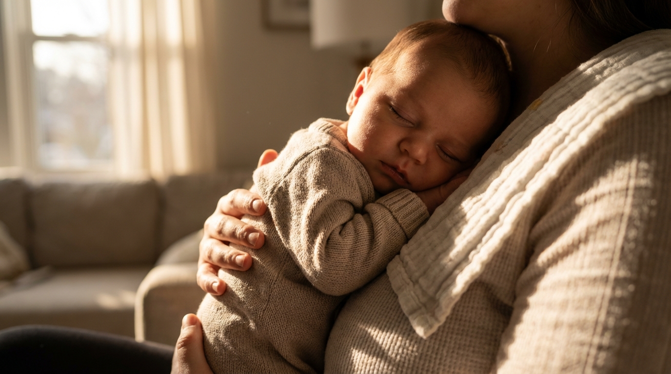 Nourrisson après la tétée Gros plan cinématographique d'un nourrisson apaisé contre l'épaule de son parent après le biberon, lumière naturelle douce