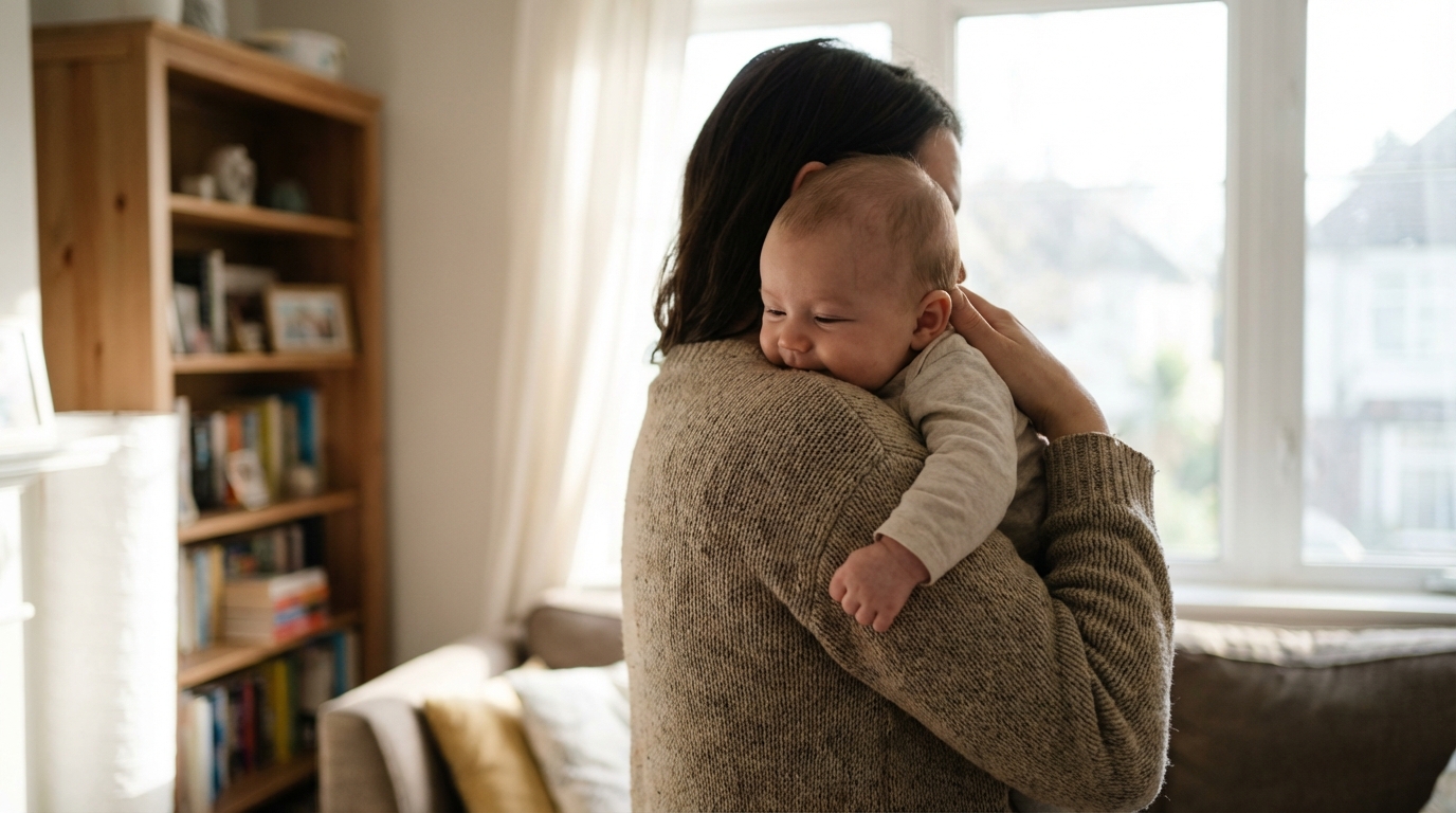 Position de digestion pour bébé Parent tenant son bébé en position verticale pour faciliter la digestion après le repas