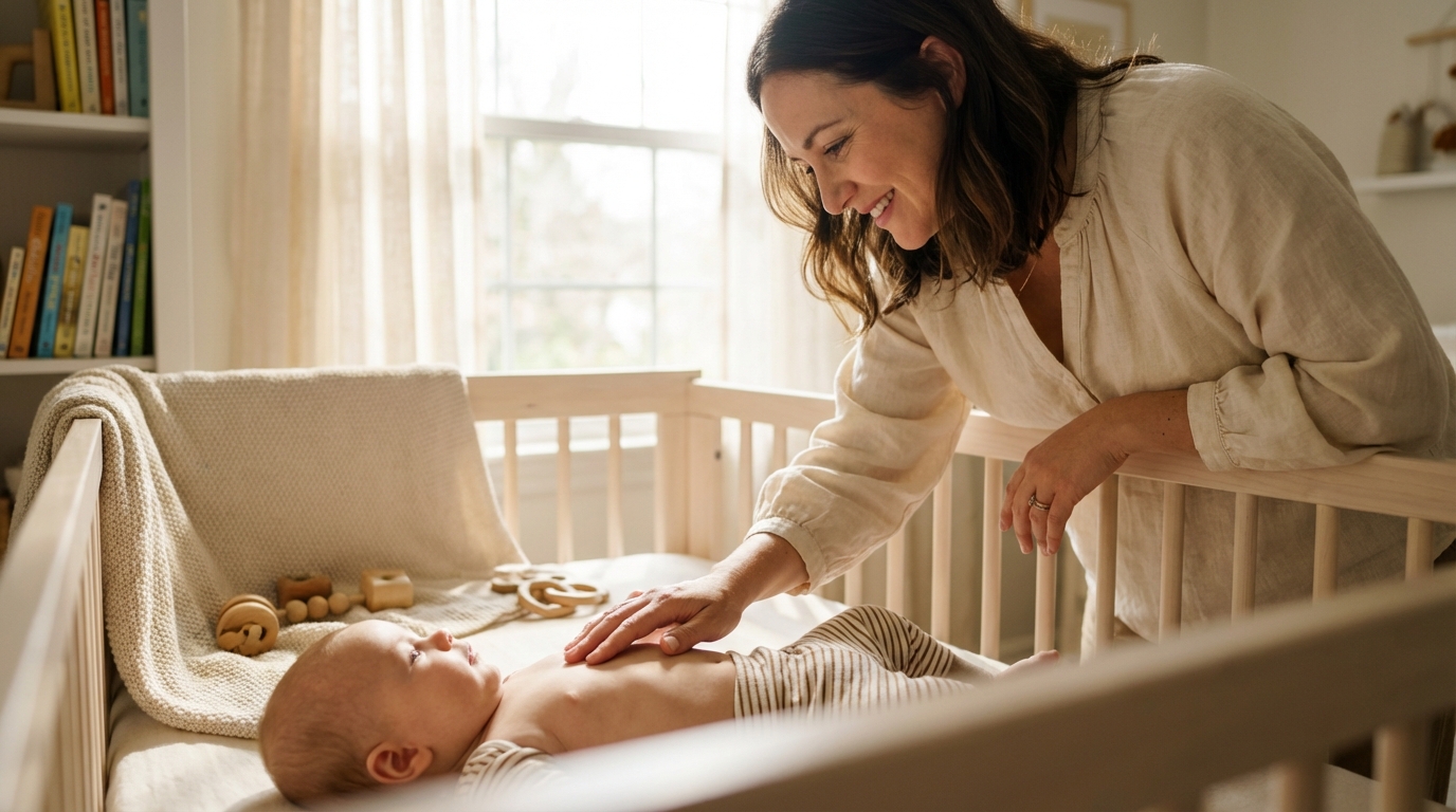 Une mère examinant avec douceur son bébé de 6 mois dans une chambre lumineuse, ambiance sereine et rassurante.
