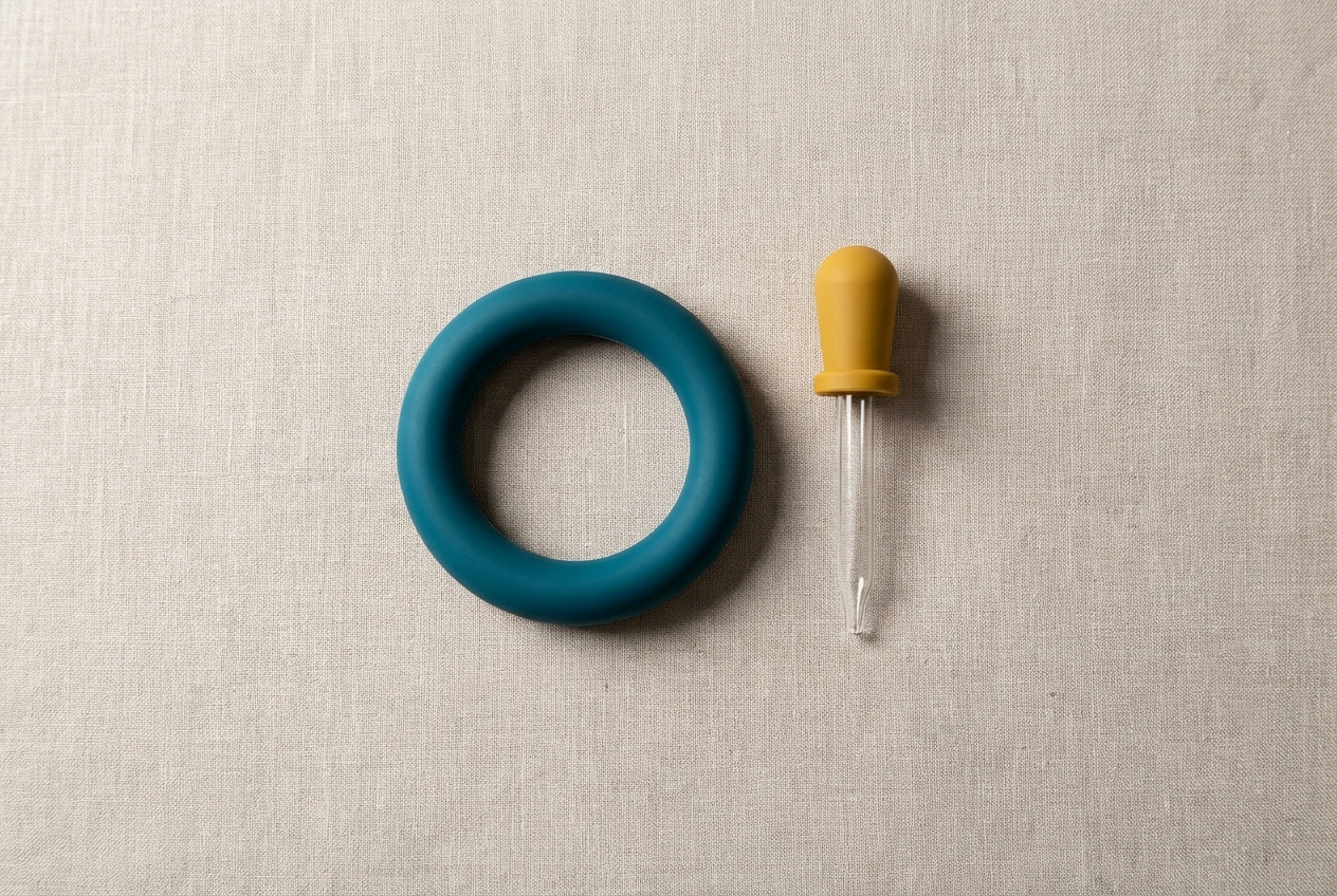 Utiliser Dolodent et Doliprane en même temps pour bébé Gros plan minimaliste d'un anneau de dentition et d'une pipette de soin pour bébé.