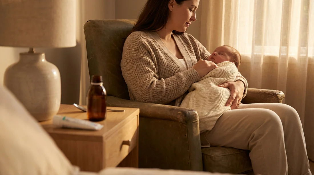 Association Dolodent et Doliprane pour bébé Une maman rassurante berce son bébé avec un flacon de sirop et un tube de gel dentaire en premier plan.