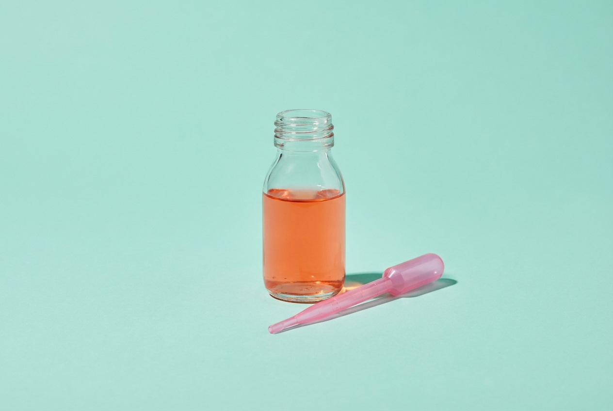 Double dose de doliprane chez l'enfant : que faire ? Bouteille de sirop pour enfant et sa pipette doseuse rose sur un fond épuré.
