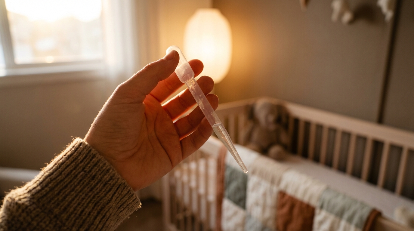 Administration sécurisée de doliprane pour enfant Gros plan d'une main de parent préparant une dose précise de médicament pédiatrique dans une chambre de bébé.