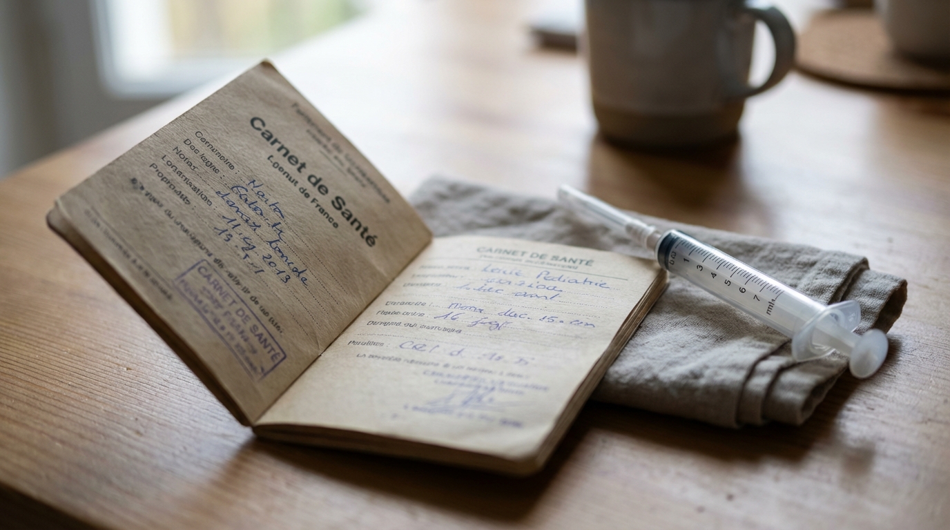 Surveillance et dosage du nourrisson Un carnet de santé ouvert à côté d'une pipette de médicament, illustrant la surveillance médicale.