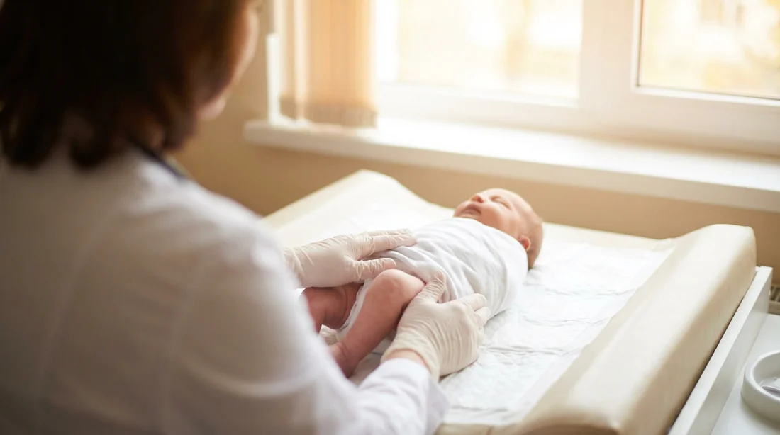 Examen pédiatrique des pouls fémoraux pour le carnet de santé Pédiatre effectuant la palpation des pouls fémoraux chez un nouveau-né sur une table d'examen.