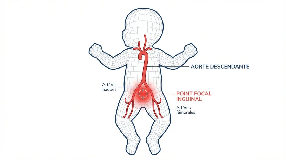 Localisation du pouls fémoral chez le bébé Schéma anatomique montrant l'aorte et la zone de palpation du pouls fémoral chez le nourrisson.