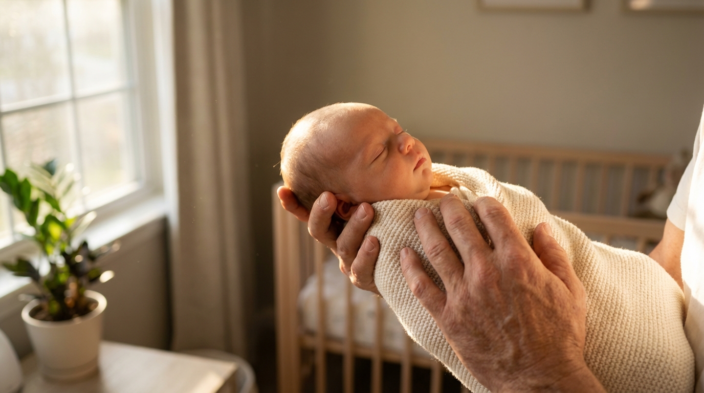 Soin et réconfort d'un nouveau-né Un parent tenant avec une immense douceur son nourrisson de deux mois dans une lumière naturelle apaisante.