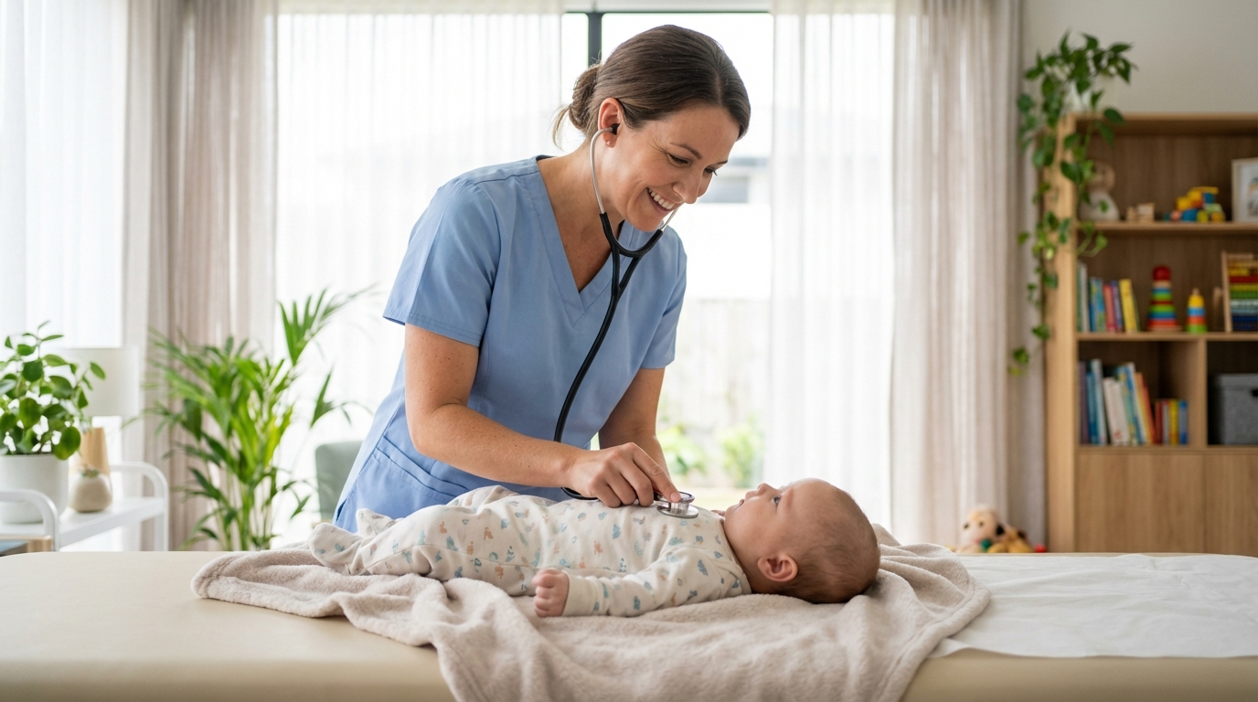 Examen médical pédiatrique de contrôle Un pédiatre effectuant un examen de contrôle bienveillant sur un nourrisson dans un cabinet médical lumineux.