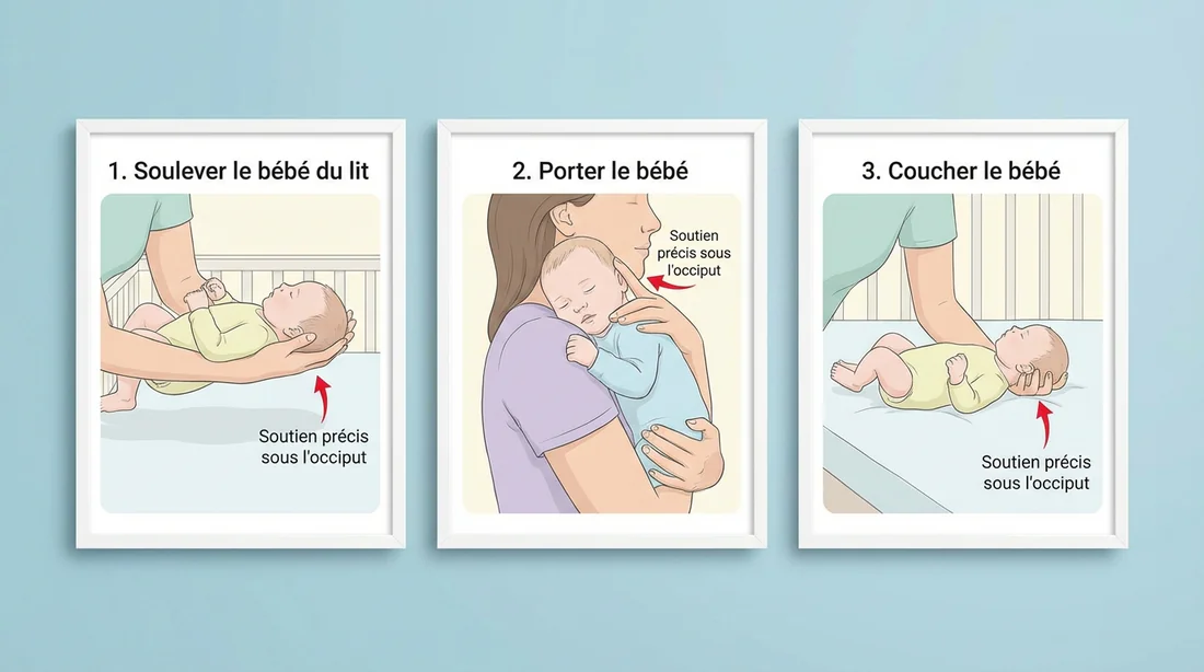 Triptyque illustrant comment lever, porter et poser un bébé en toute sécurité