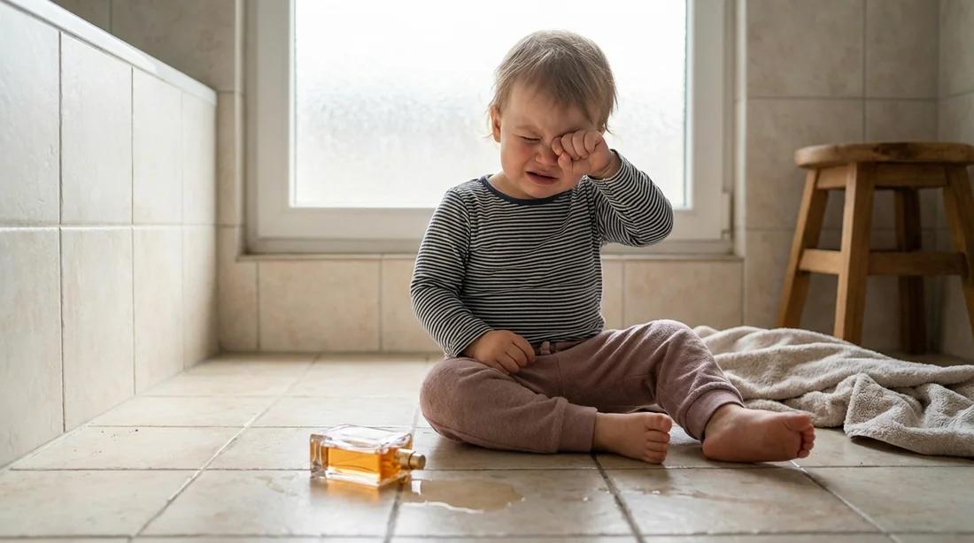 Urgence domestique : parfum dans l'œil d'un enfant Enfant de 2-3 ans se frottant l'œil après avoir renversé un flacon de parfum dans la salle de bain.