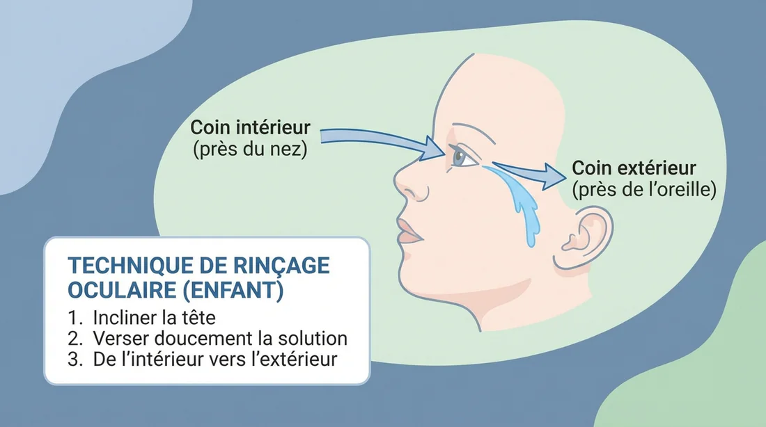 Schéma technique montrant le sens du rinçage de l'œil : du coin interne vers le coin externe.