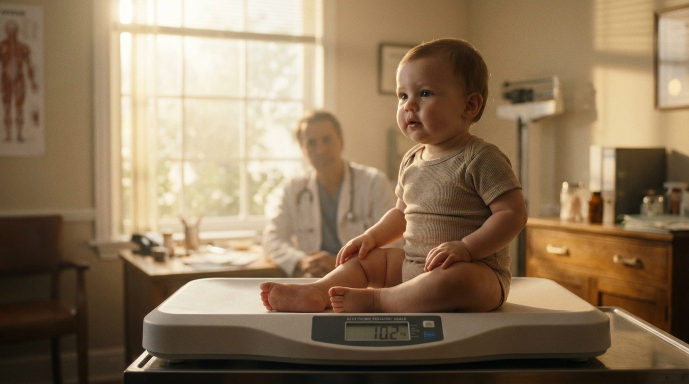 Bébé d'un an lors d'une pesée médicale dans un cabinet de pédiatre lumineux.
