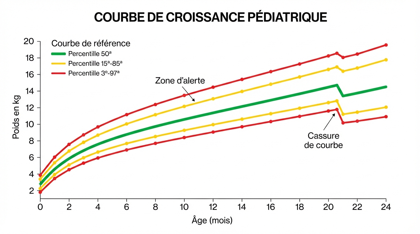 Schéma technique d'une courbe de croissance pédiatrique montrant une perte de poids.
